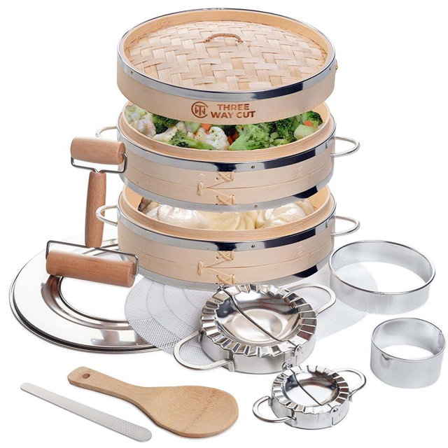 2-tier 10" Bamboo Steamer with Reinforcement & Handle, Reusable Silicone Liner & Accessories Kit For Cooking Dumpling, Baby Bao Bun, Dim Sum, Rice Potsticker Steaming Chinese Asian Food & Vegetables