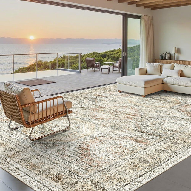 Soalmost 9x12 Area Rugs for Living Room, Non Slip Machine Washable Vintage Rugs, Low Pile Lightweight Large Rug for Bedroom, Dining Room, Home Office Brown Pink