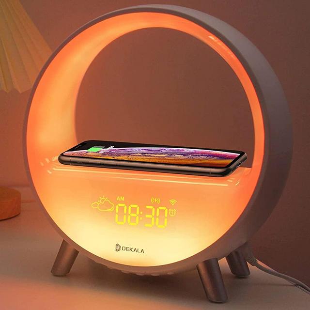 Dekala Arches Alarm Clock with Wireless Charging Smart Lamp with Bluetooth Speaker Sound Machine with Night Light Sleep Machine for Adults White Noise Sunrise Alarm Clock Compatible with Alexa