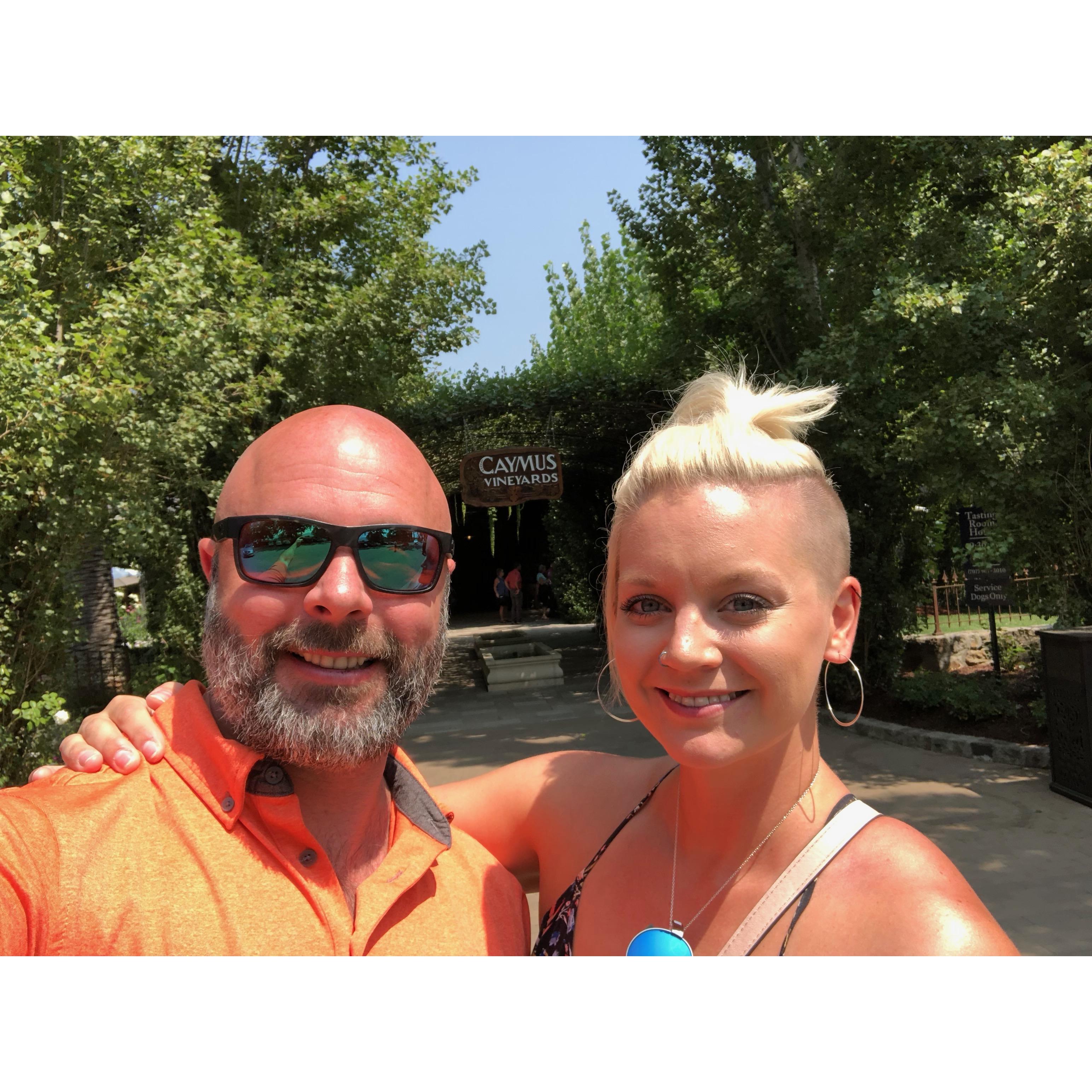 Our first trip to Napa in August of 2018! Here is us at Caymus Vineyards!