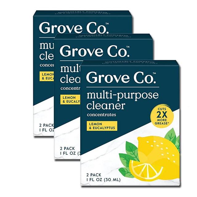 Grove Co. Multi-Purpose Cleaner, Refill Concentrate (6 x 1 Fl Oz) Plant-based Household Cleaning Supplies, Ammonia & Chlorine Free, No Plastic Waste, Lemon & Eucalyptus Scent, Total 3 x 2 Pack Refills