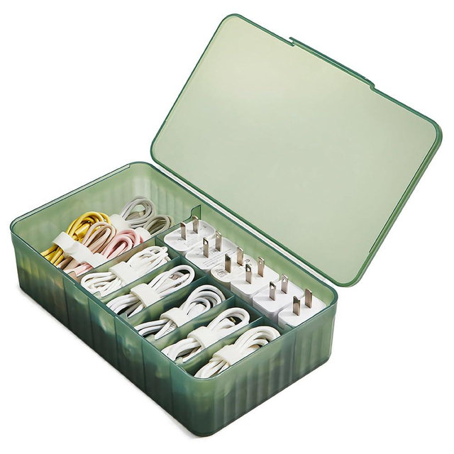 Atathro Cable Organizer Box Extra Wide, Travel Charger Cord Earphone Storage Case with Lid (Dark Green)