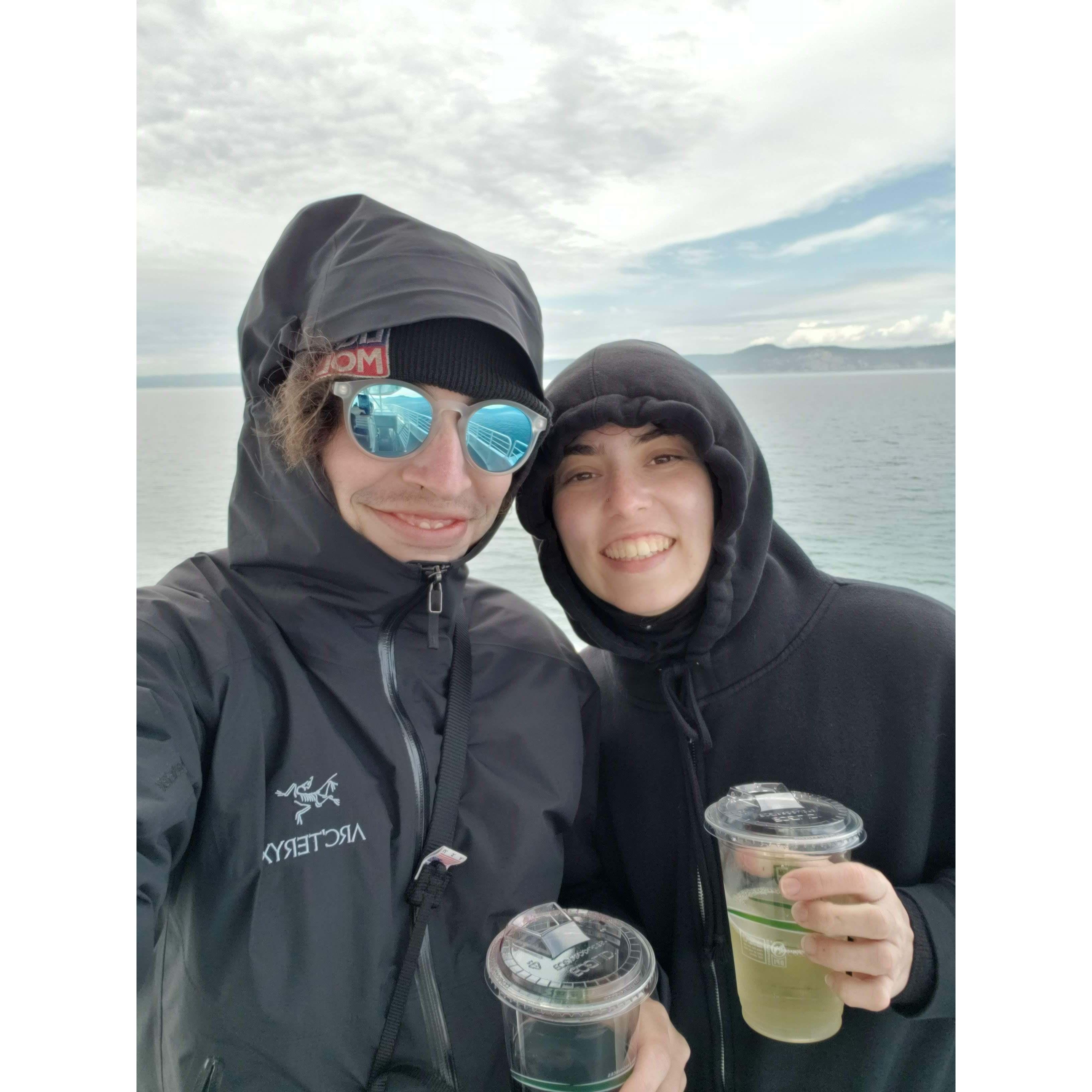Rex and Yara with their wine filled sippy cups on the Whale Watching Boat