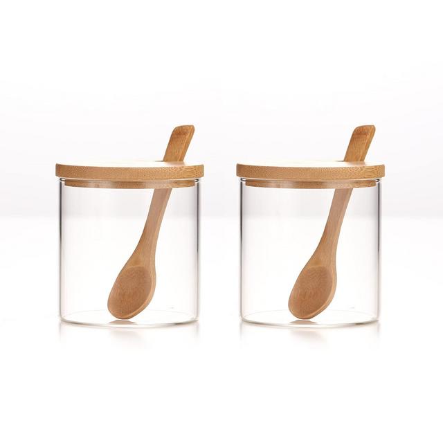 2 Sets 300ML/10Oz Clear Glass Jar with Bamboo Lid and Wooden Spoon, Cute Sugar Bowl Bath Salt Storage Canister Seasoning Container Condiment Pot with Scoop for Spice, Pepper for Kitchen, Countertop