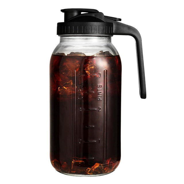 64 oz Glass Pitcher with Lid for Fridge, Half Gallon Pitcher with Lid, Leak Proof, Wide Mouth, 1/2 Gallon Glass Juice Jug for Ice Tea and Coffee (Black)