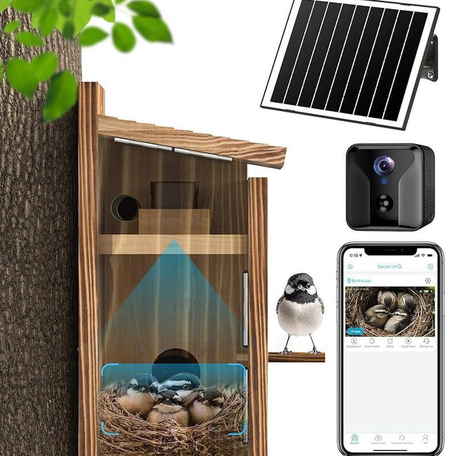 Bird House with Camera Solar Powered,2K HD Wi-Fi Bird Watching, Auto Detect&Notify, Night Vision, APP Control, Birdhouse for Small Birds Nesting, Wooden Birdhouse with Cam Inside (Solar-Powered)