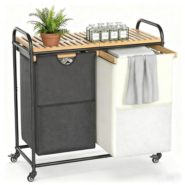 BambooHomie Laundry Sorter 2 Section, Laundry Hampers with Removable Shelf and Pull-Out Bags, Rolling Cart Clothes Hampers Basket with Wheels for Laundry Room Bathroom, 2 x 46 L