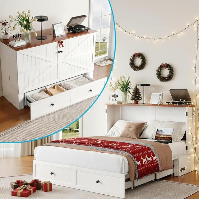 Mjkone 57" W Full Murphy Cabinet Bed with Tri-Folding Mattress, Full Size Murphy Bed with Storage Drawers & USB Charging Station, Cabinet Beds for Bedroom, Small Space, Guest Room, Office, White