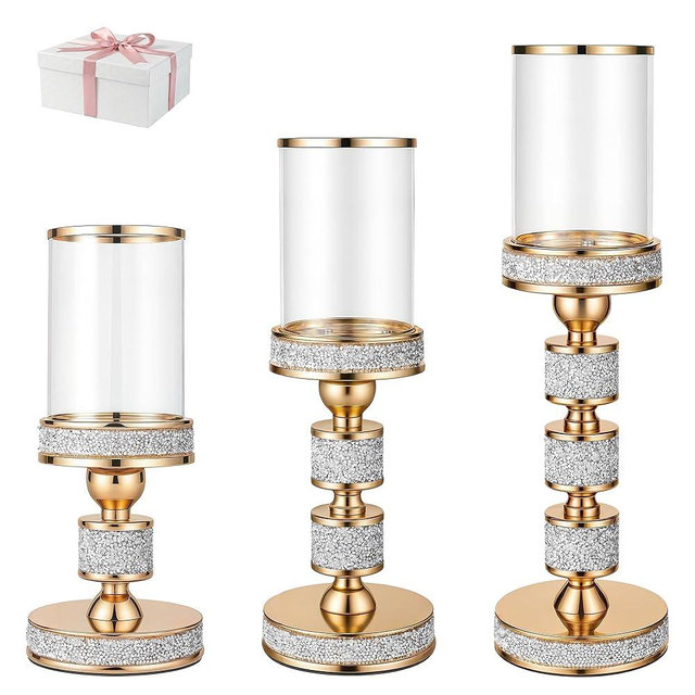 Pillar Candle Holder with Wind Proof，Metal Hurricane Holders, Crystal Candle Holders for Table Centerpieces, Home Decor, Wedding, Dining Table (3, Gold, S+M+L)