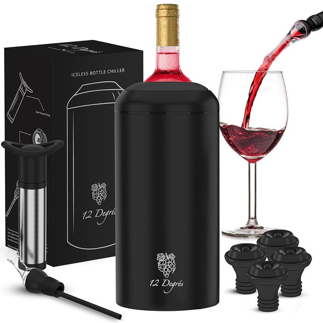 12 Degrés Iceless Wine Chiller Set - Perfect Wine Gifts for Women and Men Including Stainless Steel Insulated Wine Bottle Cooler with Wine Pump, Aerator and 4 Stoppers (Black)