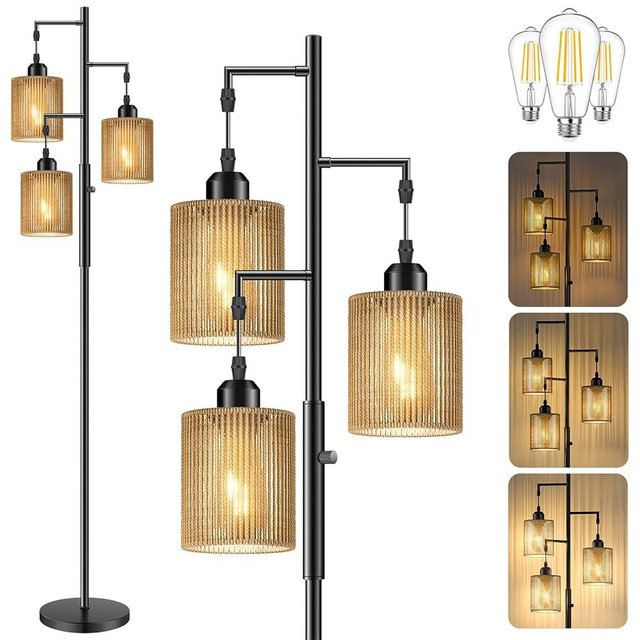 Hotsonic 72" Rattan Boho Floor Lamp, Tall Dimmable Standing Lamp with Handcrafted Brown Shade, Industrial Tree Floor Lamps for Living Room, Bedroom, Study Room, Office (3 x 800LM Bulbs Included)-Black