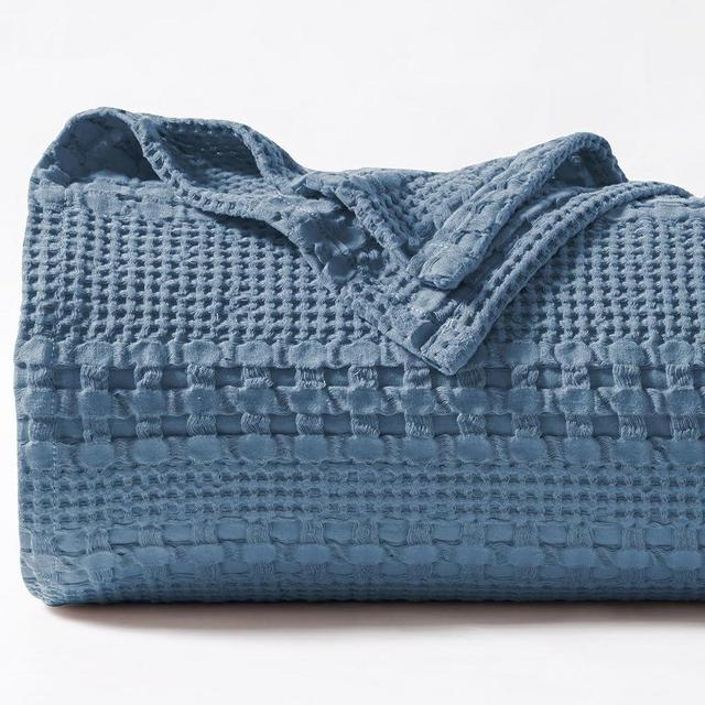 PHF 100% Cotton Waffle Weave Blanket Queen Size, Lightweight Washed Cotton Blanket for Spring & Summer - 90"x90" Soft Woven and Breathable Blanket for Bed Sofa Home Decor - Captain's Blue