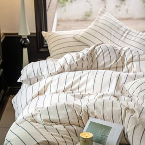 LifeTB Striped Duvet Cover Set Queen 100% Washed Cotton Beige Duvet Cover with Grey Stripes Pattern Printed Comforter Cover 3 Pieces Striped Bedding Queen Comforter Cover with Zipper Closure