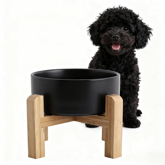 Elevated/Raised Ceramic Dog Bowl with Bamboo Stand，6 Inch 3.6 Cups Non Slip Heavy Weighted Single Pet Dish, for Small Medium Breed & Cats,Reduces Neck Strain Black