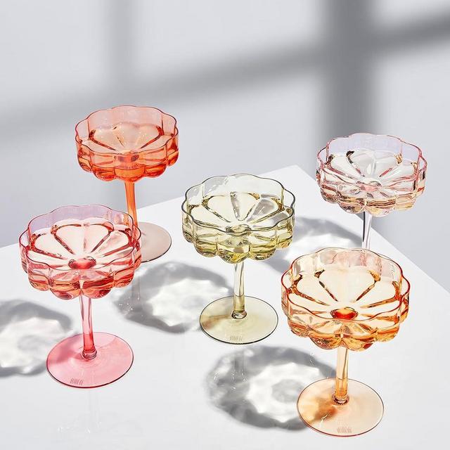 Flower Vintage Wavy Glass Coupes Martini, Champagne & Cocktail Coupes - Set of 5 - Summer Colors 7oz Colorful Cocktail Glasses Ripple & Champagne Glasses, Prosecco, Mimosa Glassware Copyright Design
