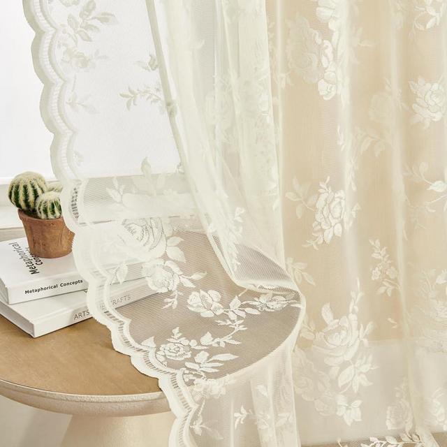 SEEKRIGHT Ivory Lace Curtains 63 Inch Length 2 Panels Victorian Floral Sheer Curtains for Living Room Bedroom Rod Pocket Light Filtering Cream French Window Curtains, 52x63