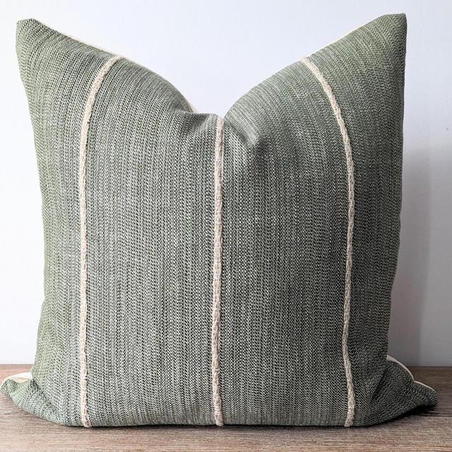 Designer Forest Green Striped Pillow, Green Beige Basketwave Woven Pillow, Casual Pillow, Forest Green throw , Pillow Organic Modern,*LOIS