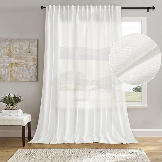 Dreaming Casa White Linen Semi Sheer Curtains 96 inches Long, Light Filtering Curtains Sheer Rod Pocket & Back Tab, Soft Window Privacy Drapes Living Room Bedroom, 1 Panel, Each W100 x L96