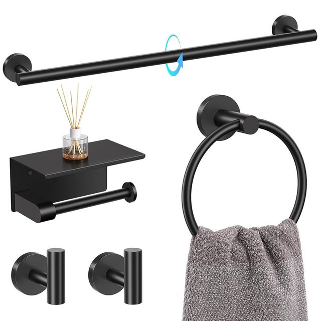 TQKAG 5 Piece Bathroom Towel Bar Holder Sets Matte Black Bathroom Hardware Set Stainless Steel Toilet Paper Holder with Shelf Bathroom Accessories Kit Wall Mounted
