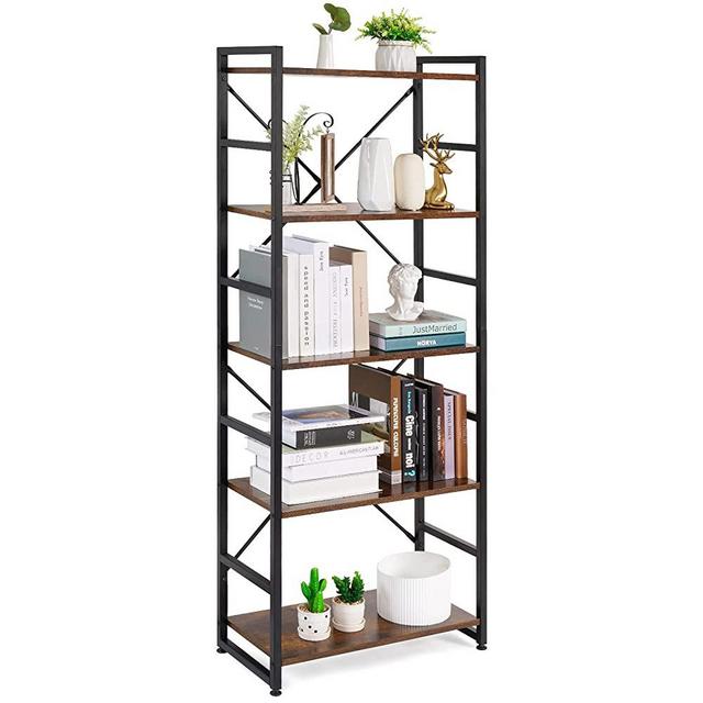 Haton Bookshelf, 5 Tier Industrial Rustic Wood Bookcase, Modern Standing Metal Frame Book Shelf for Living Room, Bedroom and Office, 5-Shelf, Brown/Black