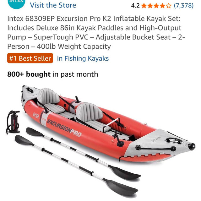 Intex 68309EP Excursion Pro K2 Inflatable Kayak Set: Includes Deluxe 86in Kayak Paddles and High-Output Pump – SuperTough PVC – Adjustable Bucket Seat – 2-Person – 400lb Weight Capacity
