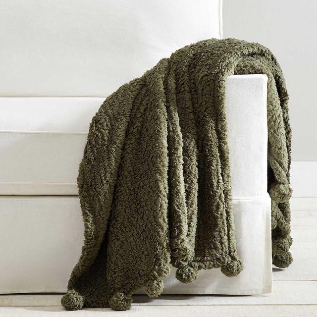 Cozy Pom Pom Sherpa Throw, 50 x 60", Loden