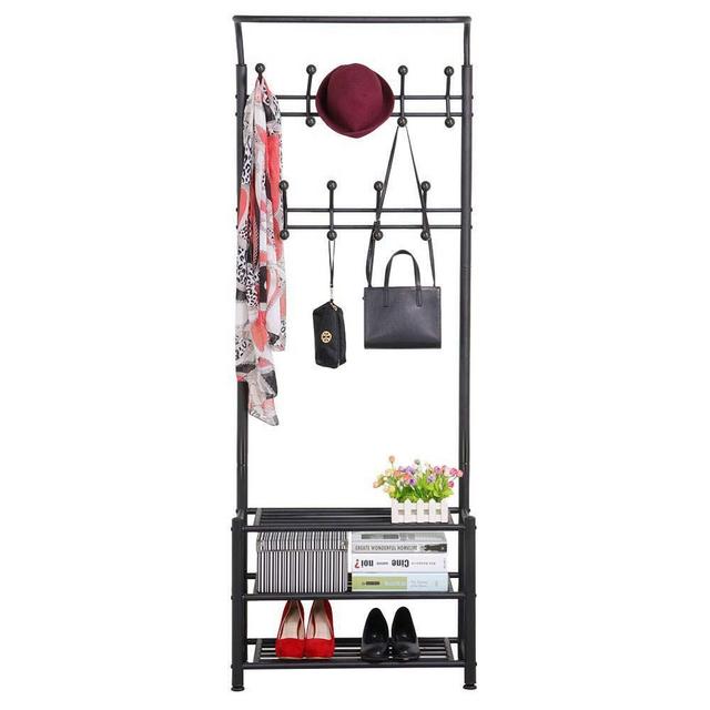 Yaheetech Hall Tree Metal Entryway 18 Hooks Coat Rack with 3-Tier Shoe Rack Bench Hat Umbrella Stand (Black)