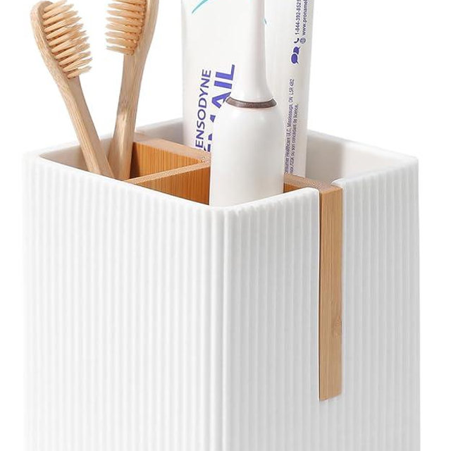 rejomiik Toothbrush Holders for Bathrooms Countertop, 3 Slots Electric Tooth Brushing and Toothpaste Storage Organizer Stand for Toiletries and Beauty Accessories, Matte White
