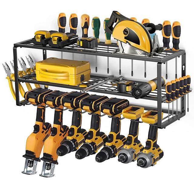Power Tool Organizer, Garage Organization with 7 Drill Holders, Amoowis Tool Box Organizers and Storage Wall Mount, Metal Garage Shelf Heavy Duty, Utility Rack for Screwdriver Pegboard Shed Workshop