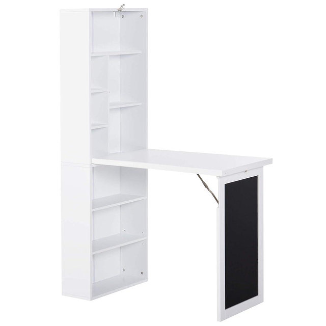 HOMCOM Fold-Out Convertible Writing Table, Wall Mount Desk Cabinet with Blackboard and Side Shelf Multi-Function Home Office Workstation, White