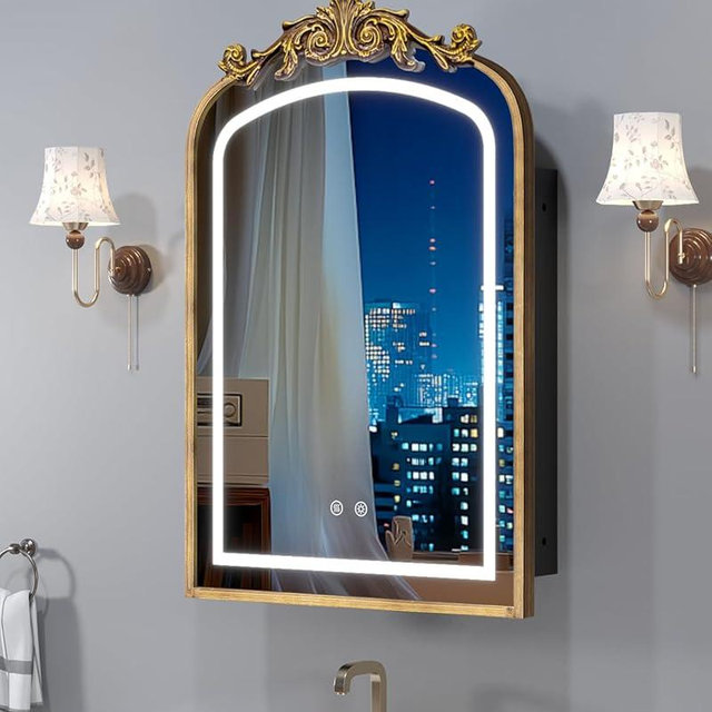 20"x30" LED Bathroom Medicine Cabinet with Mirror and Lights, Bronze Hand-Painted Baroque Bathroom Storage with Mirror, Recessed / Wall Mounted, Dimmable 3 Color Lighting Anti-fog ( with 1 Organizer)
