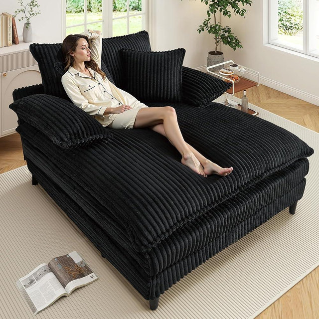 WESTSETLUX 54.8" W Oversized Chaise Lounge Chair Indoor with 5-Position Adjustable Backrest, Corduroy Sleeper Sofa Bed with 3 Pillows, Modern Cloud Couch Chair for Living Room, Bedroom, Black