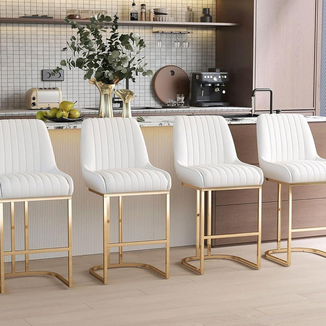 ROCITY Beige Leather Counter Stools Set of 4 Modern Counter Height Bar Stools with Gold Legs 26 Inch Upholstered Kitchen Island Chairs with Back