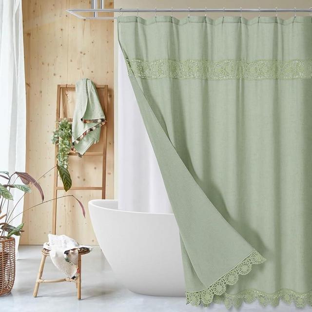 Gibelle Boho Farmhouse Shower Curtain Set, Linen Cotton Fabric Shower Curtain with Macrame Lace Decor, Modern Bohemian French Country Chic Bathroom Curtain with PEVA Liner 72x72 - Green