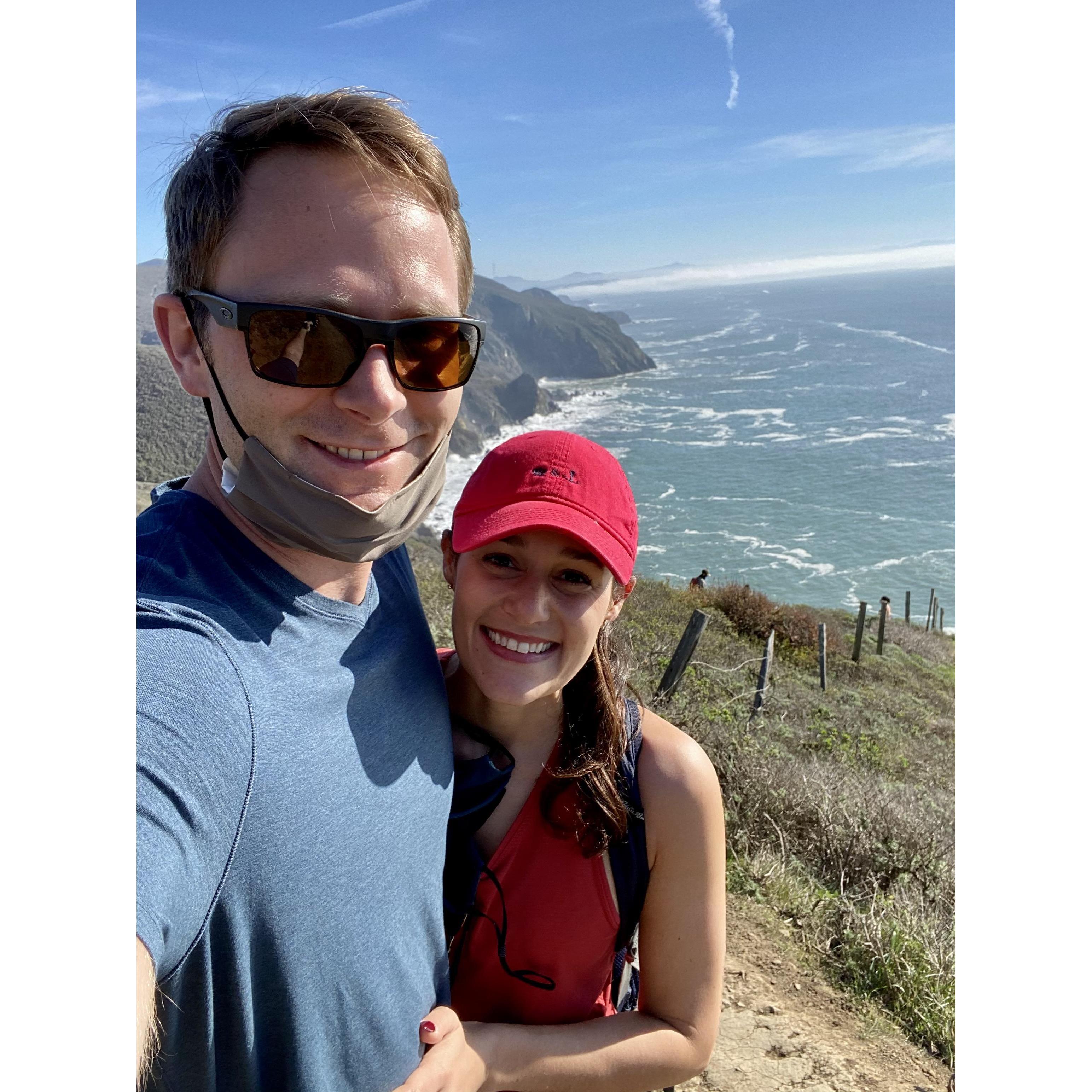 Our very first photo! Taken while hiking Muir Beach Coastal Trail