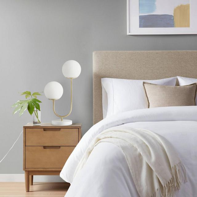 2-Light Zusa Metal Globe Table Lamp: Curved Stand, Frosted Globes, Modern Bedroom Lighting - 510 Design