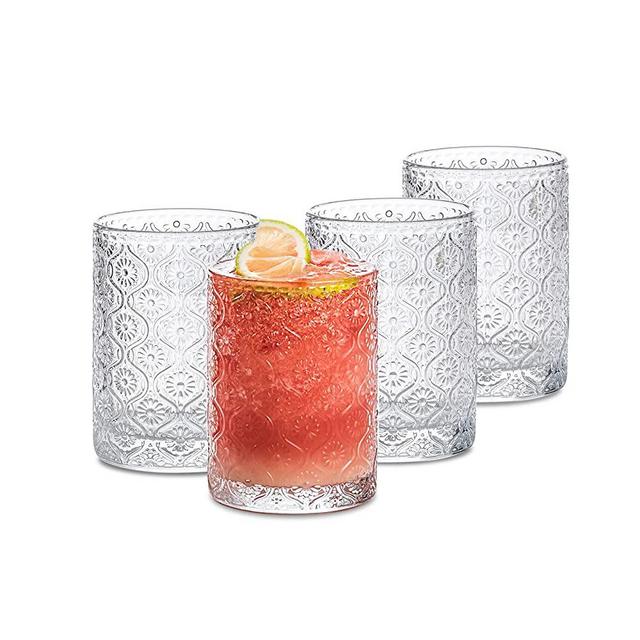 SoulTimes Glass Cups Vintage Glassware Set of 4, Drinking Glasses 9oz, Embossed Pattern Style Transparent Cocktail Glasses Set, for Ice Coffee,Juice,Beer,Bar Beverages,Drinkware, Transparent (S)
