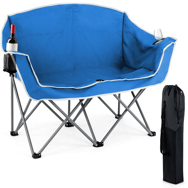 Goplus Double Camping Chair, Folding 2-Person Couch w/2 Cup Holders, Dual Back Pockets, Heavy-Duty Metal Frame, Oversized Duo Lawn Chair for Adults, Perfect for Backyard, Patio(Blue)