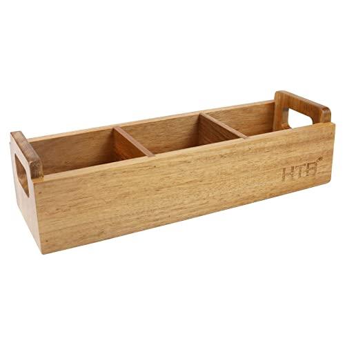 Small Wooden Tea Bag Box by HTB, 3 Compartments Acacia Wood Tea Bag Chest with Handle, Mini Countertop Divided Storage Container for Beverage Supplies, Sugar, Sweeteners, Individual Packets