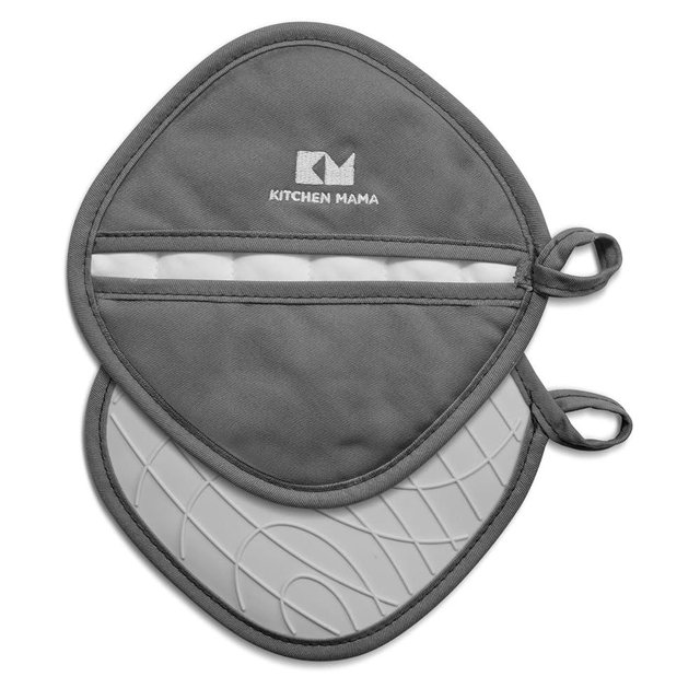 Kitchen Mama Silicone Pot Holders - Heat-Resistant, Dual-Pocket Design with Soft Cotton Lining, Stylish, and Practical for Everyday Use Hot Oven, Bowl, Pan (Metal Gray)