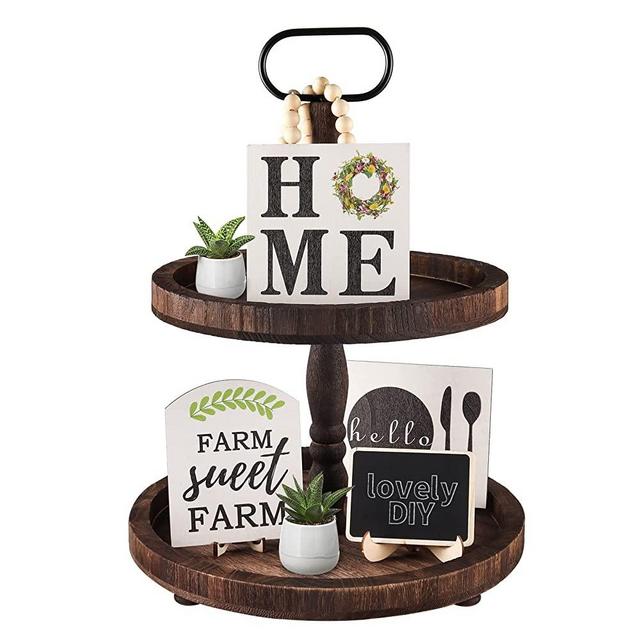 Creatart Two Tiered Tray with 6 Pieces Wooden Decor Item,Mother's Day Rustic Farmhouse Decor,Round Easter Kitchen Table Centerpieces,Home Decorations Set(Home)