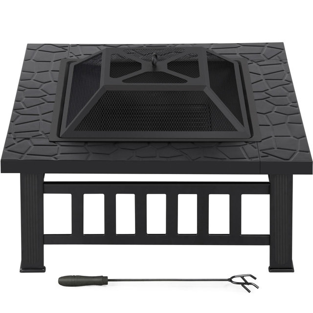 Yaheetech 32in Fire Pit Table Square Metal Firepit Stove Backyard Garden Fireplace for Camping-Black