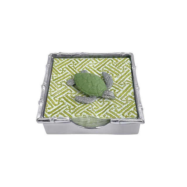 Mariposa Green SEA Turtle Bamboo Napkin Box Set | Green | Brillante | Gifts | Napkin Box & Weight Set | Recycled SANDCAST Aluminum | Handmade in Mexico