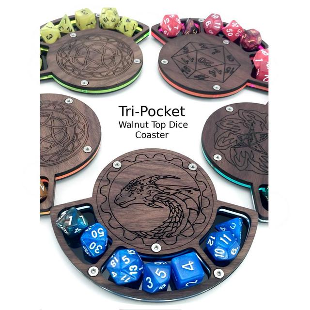 Tri-Pocket Solid Walnut Top Dice Coasters...