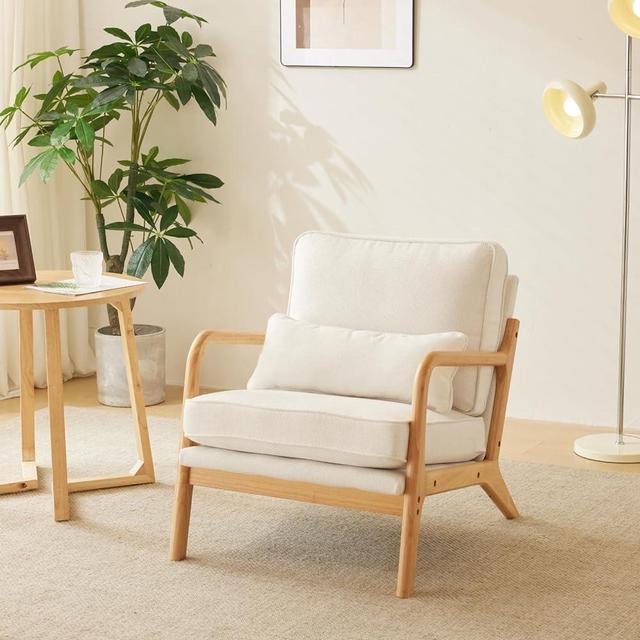 Karl home Accent Chair Mid-Century Modern Chair with Pillow Upholstered Lounge Arm Chair with Solid Wood Frame & Soft Cushion for Living Room, Bedroom, Belcony, Beige & Natural