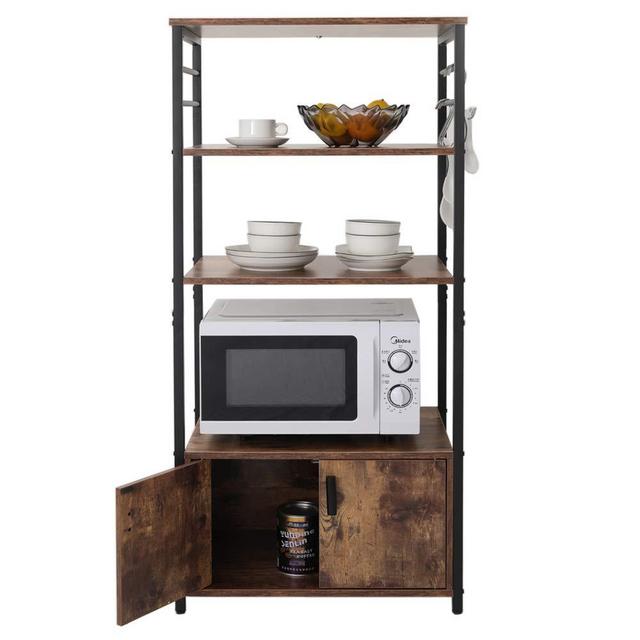 IWELL Tall Kitchen Baker's Rack with Storage Cabinet & 8 Hooks, Microwave Stand with 3 Shelves, Microwave Cabinet with Storage, Cupboard, Sideboard, Utility Storage Shelf for Kitchen, Brown