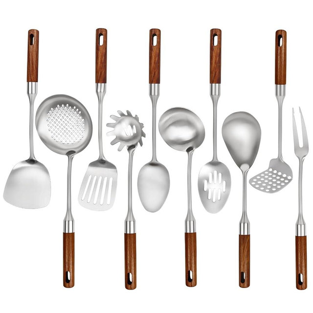 Stainless Steel Kitchen Utensils Set with Wood Handle,10PCS Metal Cooking Utensils Set, Stainless Steel Cooking Utensils Sets Heat Resistant Wok Tools(12-15in)