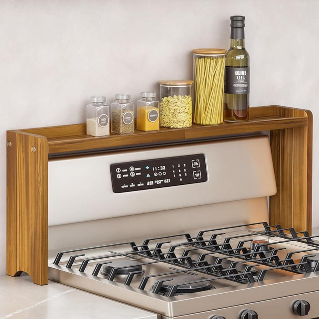 BLUEWEST Wood Over Stove Shelf for Back of Stove, 31.5'' Stove Top Shelf, 12.2'' Height Solid Acacia Wood Spice Rack Organizer, Water-Resistant, No Drilling, Durable Kitchen Storage and Display