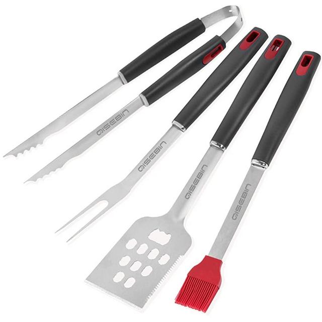 Qisebin Heavy Duty BBQ Grilling Tools Set. Extra Thick Stainless Steel Spatula, Fork, Basting Brush & Tongs. Gift Box Package. Best for Barbecue & Grill. 18 Inch Accessories, Black, Large