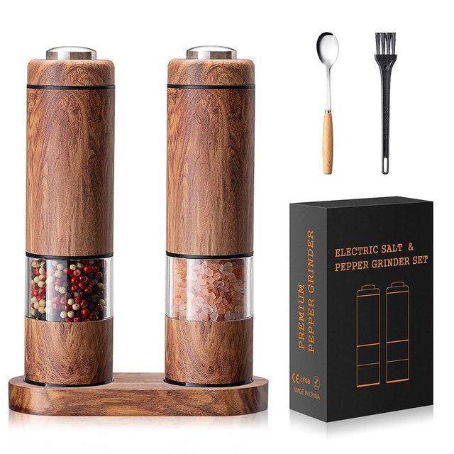 Electric Salt and Pepper Grinder Set, Automatic Salt and Pepper Grinder Set with Wood Base, Adjustable Coarseness, LED Light, One Handed Operation Electric Salt and Pepper Shakers(Wood Grain)